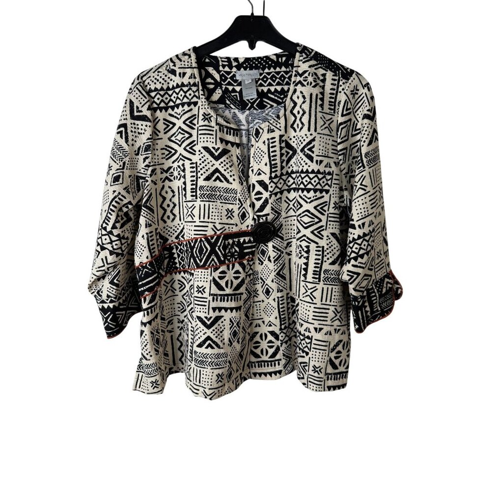 Multiples Women’s PL Jacket – Black & Cream Tribal Geometric Print Button Front